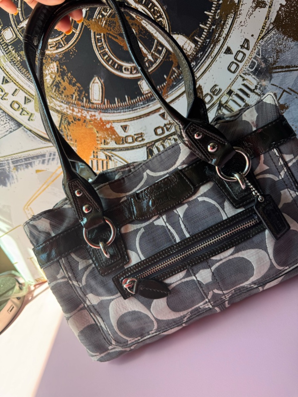 Vintage Coach Gray and Black Signature Shoulder Bag